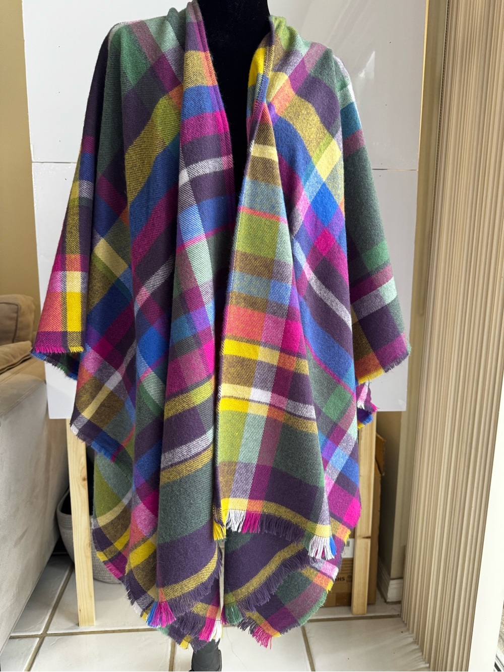 Soft Surroundings Plaid Wrap Poncho One Size Multicolor Fringe Scarf Cape Jacket